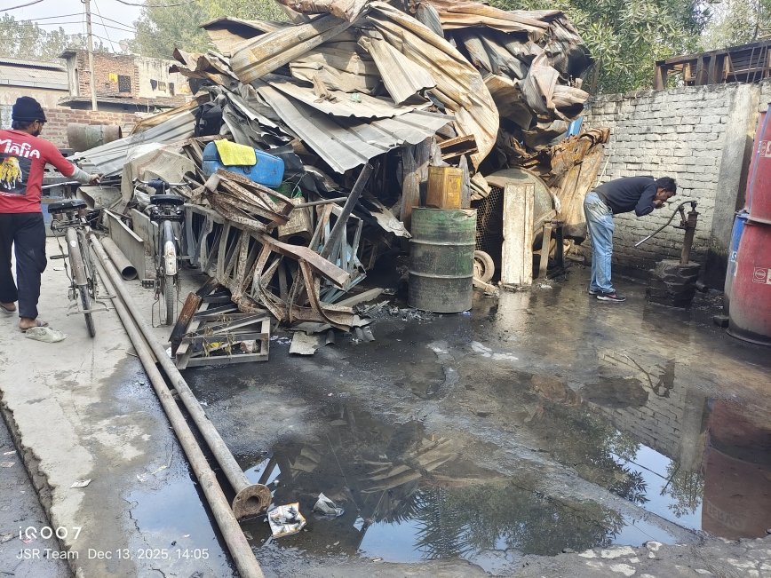 Fire affected -  Building materials (MS Iron angle, pipe & channel etc.) || Approx. Qty. - 13 MT || A/c. - Harsh Wood Mfg. Co., Yamunanagar